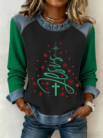 Femmes Joyeux Noël Jésus Croix Arbre De Noël Art Imprimé Casual Waffle Top