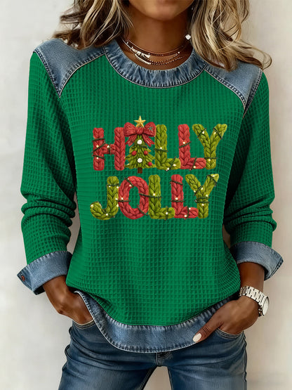 Merry Christmas Arbre de Noël pour femmes Imprimé Casual Waffle Top
