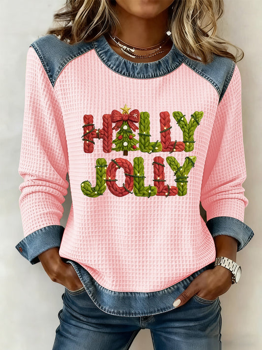 Merry Christmas Arbre de Noël pour femmes Imprimé Casual Waffle Top