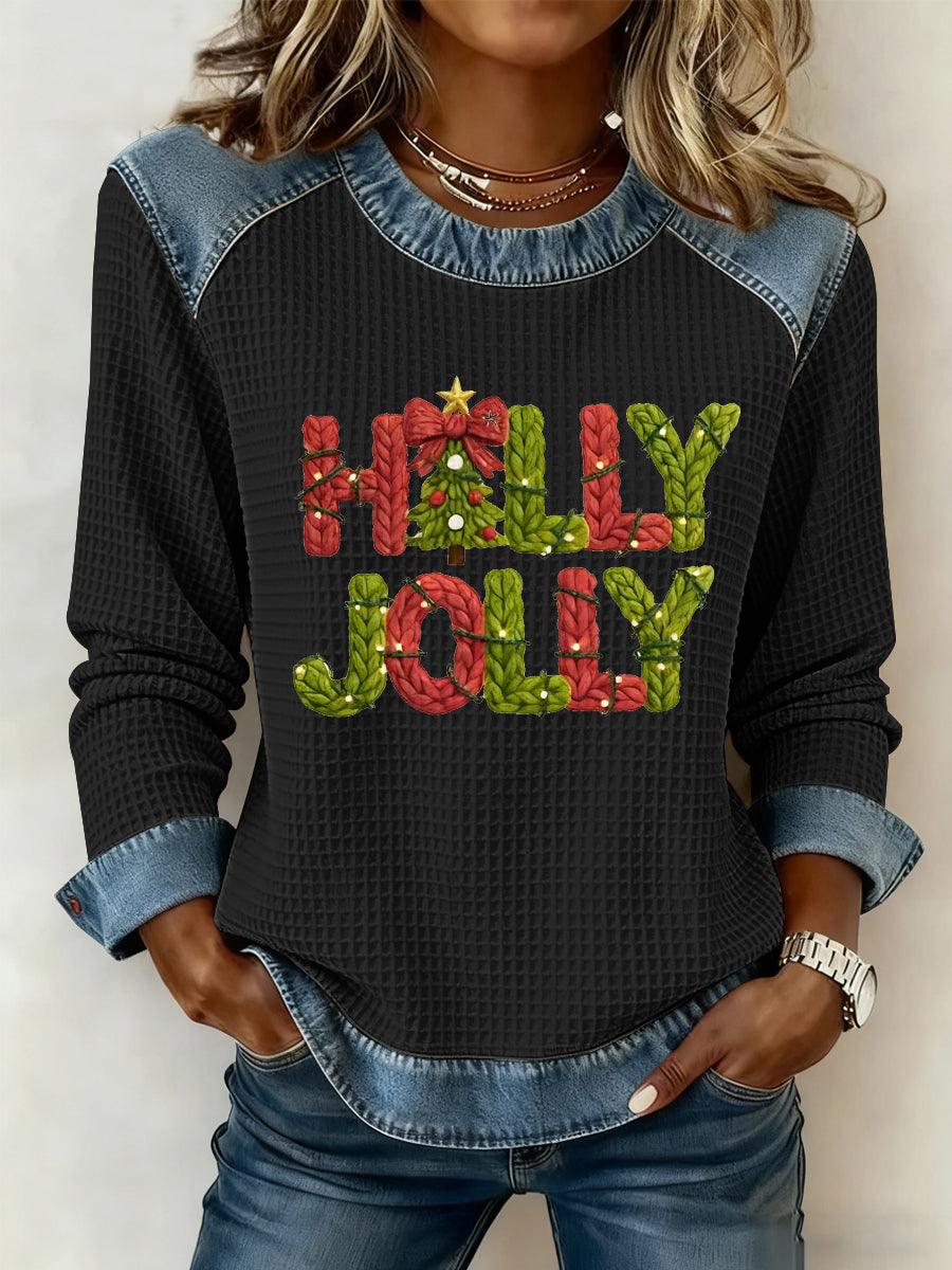 Merry Christmas Arbre de Noël pour femmes Imprimé Casual Waffle Top