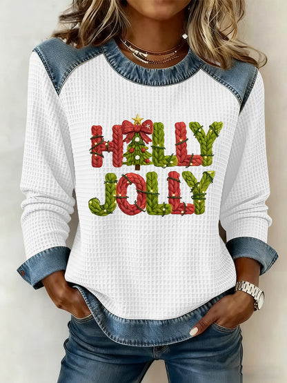 Merry Christmas Arbre de Noël pour femmes Imprimé Casual Waffle Top