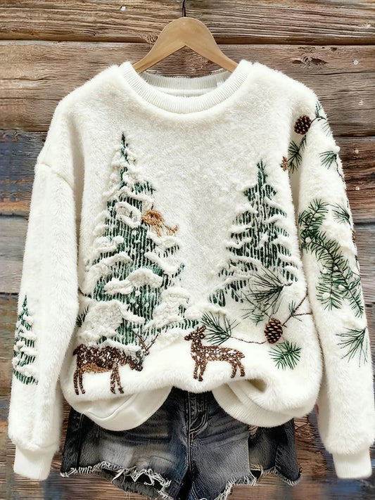 Pull décontracté en flanelle confortable à imprimé animal de Noël rétro pour femmes