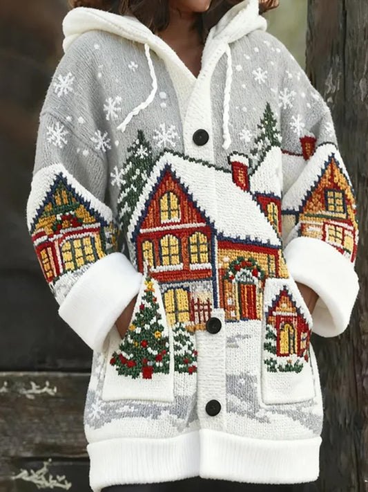Les femmes de Noël rétro Art Print Casual Midi Cardigan à capuche