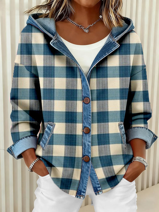 Cardigan à capuche motif patchwork art bleu pour femmes