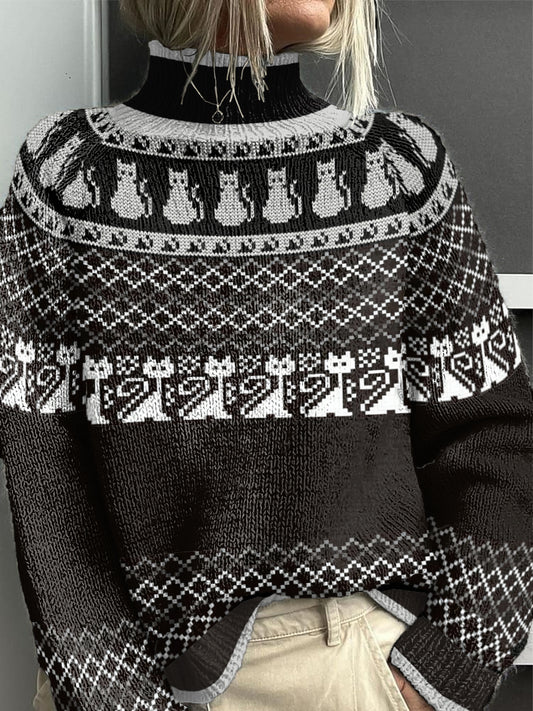 Pull à col roulé décontracté à imprimé chat pour femmes