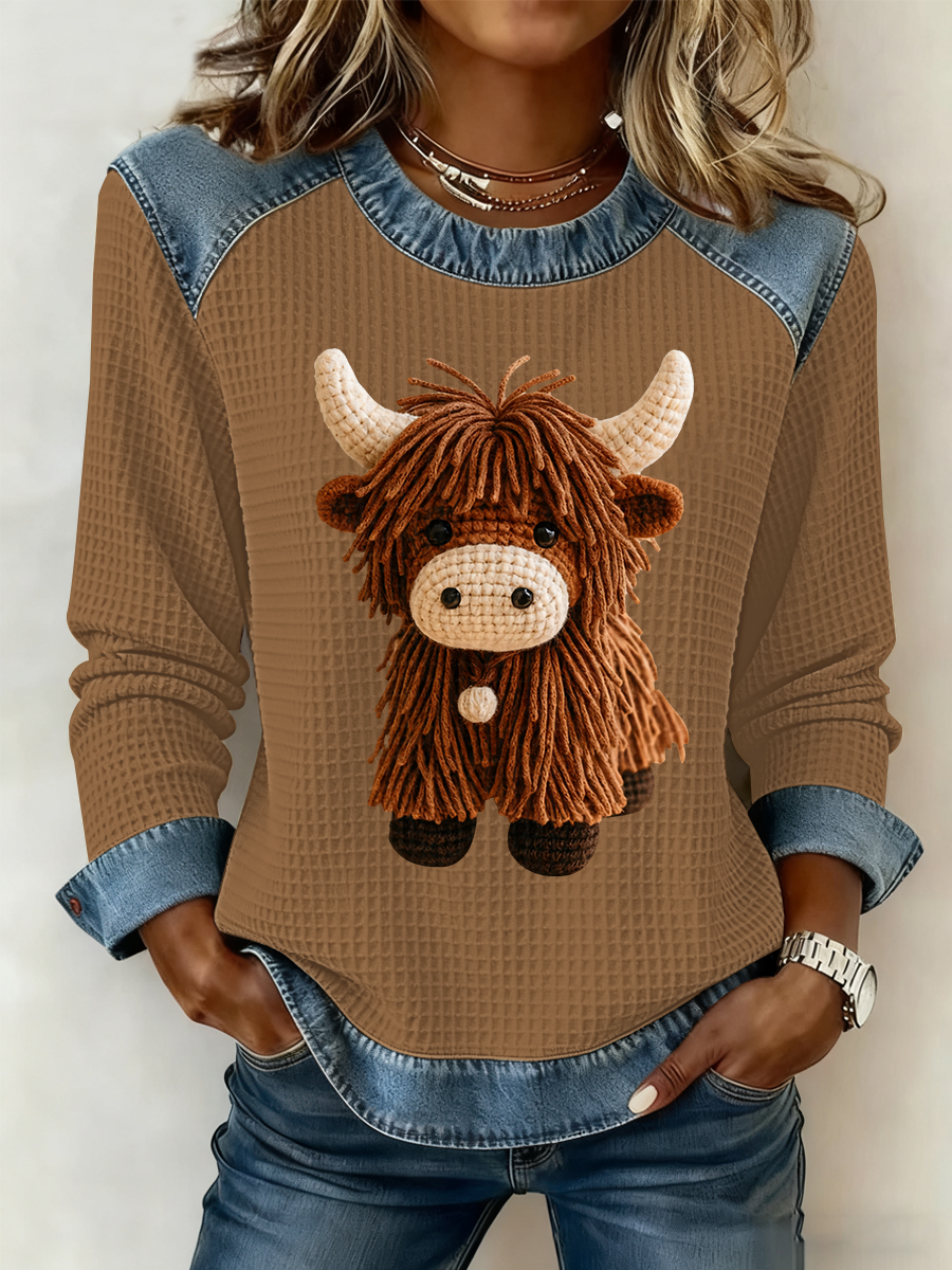 Haut à patchwork en denim imprimé Highland Cow Femme