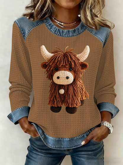 Haut à patchwork en denim imprimé Highland Cow Femme