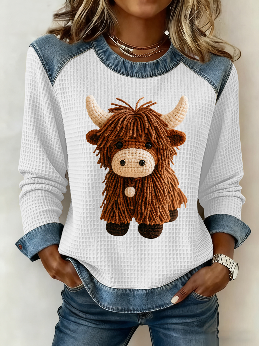 Haut à patchwork en denim imprimé Highland Cow Femme