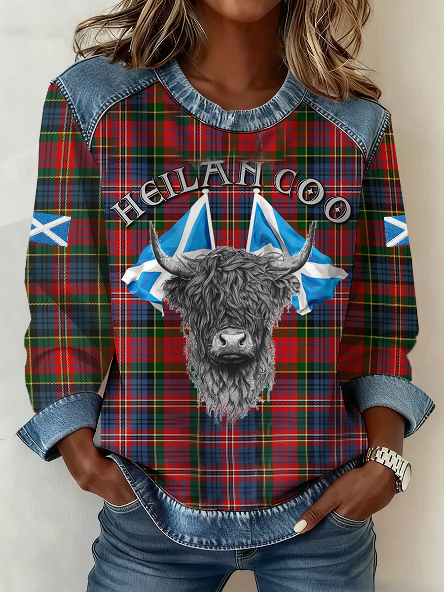 Haut à patchwork en denim à imprimé vache Scotland Highland Femme