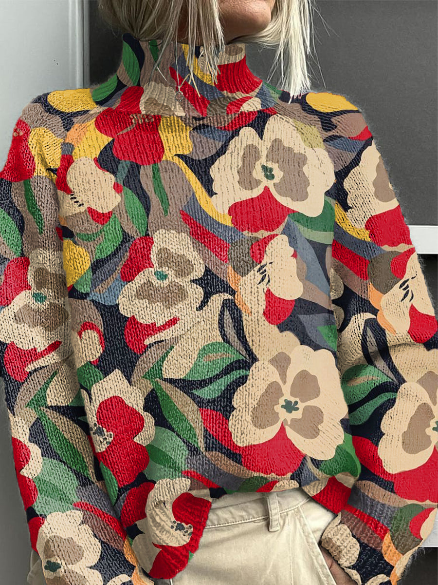 Pull en tricot décontracté à motif floral coloré pour femmes