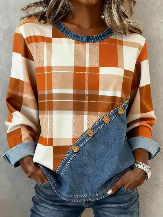 Automne Plaid Motif Patchwork Art Sweatshirt des femmes