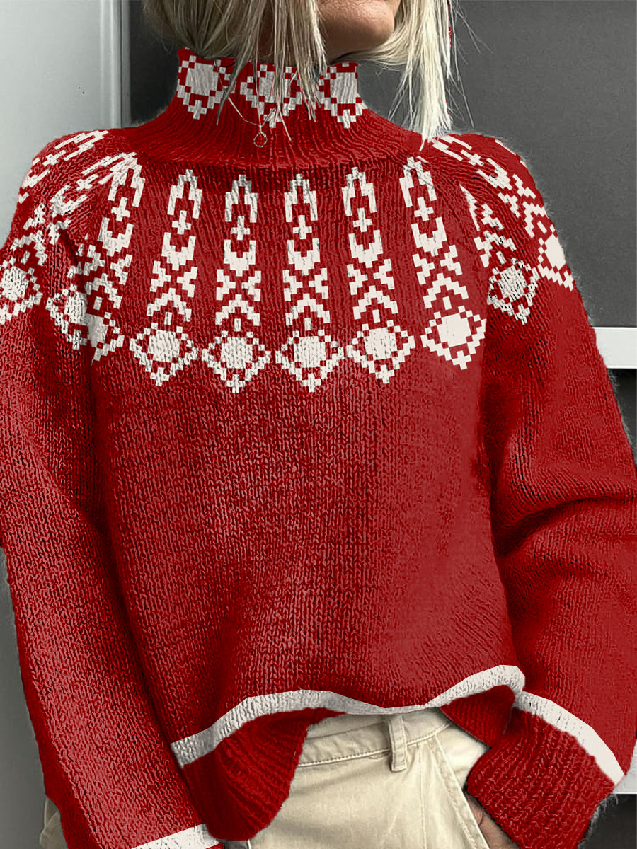 Pull col montant femme décontracté rouge à motifs