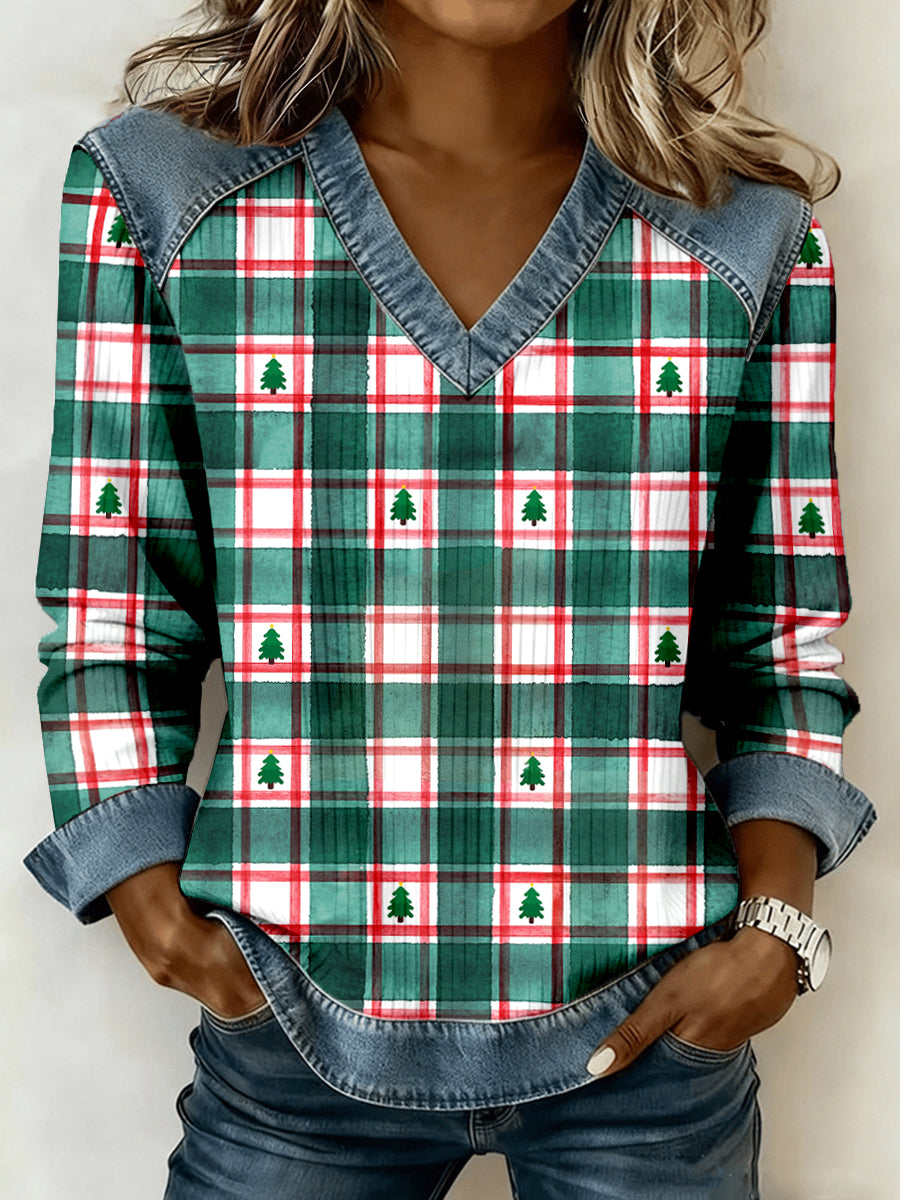 Motif de Plaid de Noël des femmes Patchwork Art V-Neck Top