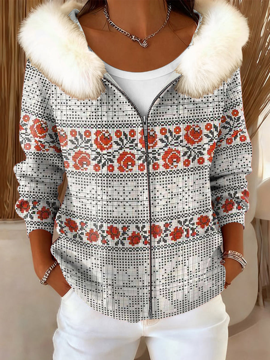Veste à capuche décontractée à motif floral Fair Isle bordée de fourrure pour femme
