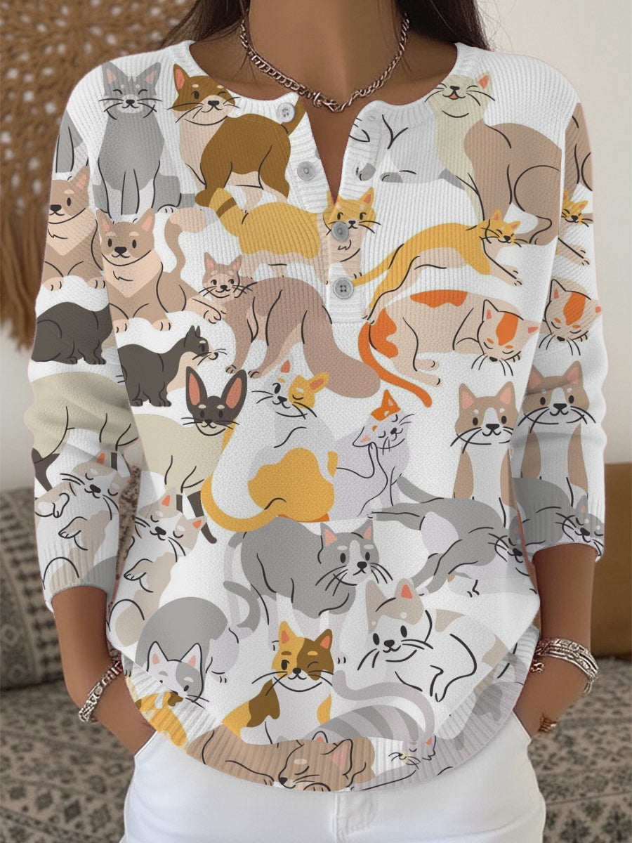 Pull Henley à imprimé chat coloré pour femmes