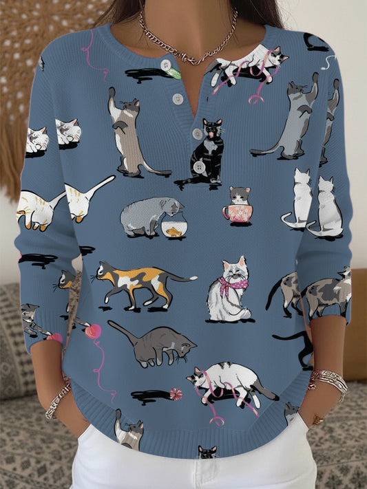 Pull Henley Playful Cat Scene Print Femme
