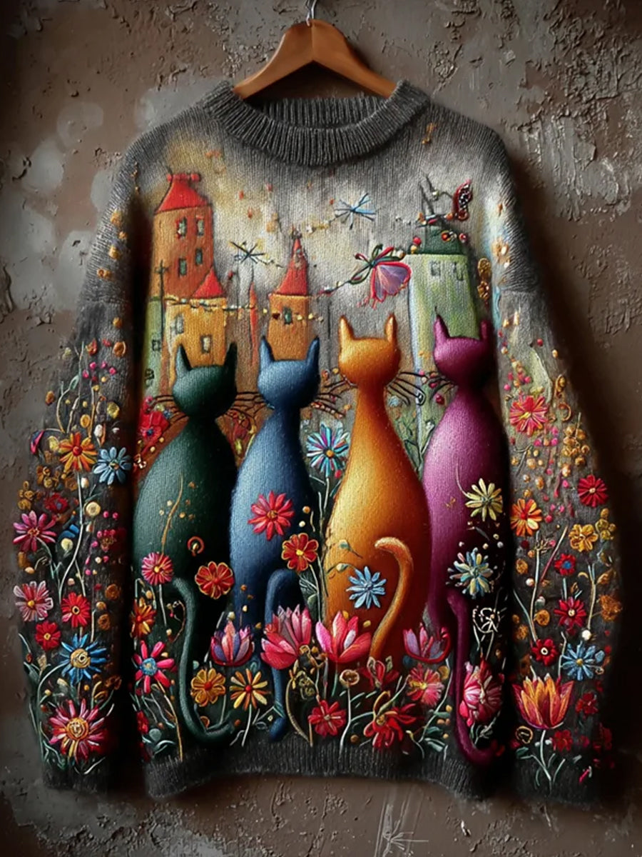 Pull en tricot confortable à imprimé animal rétro pour femme