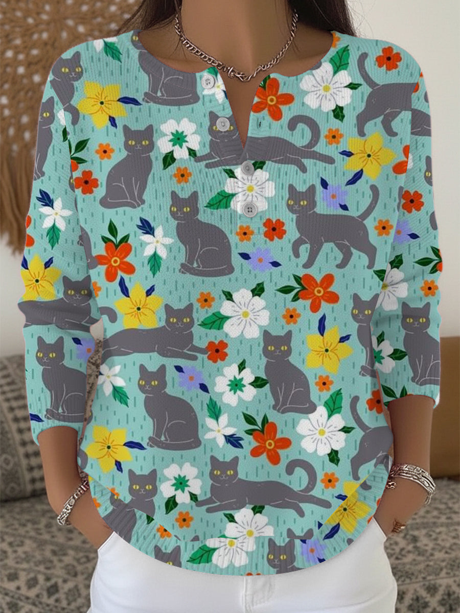 Chandail Henley Charming Cat & Floral Print Femme