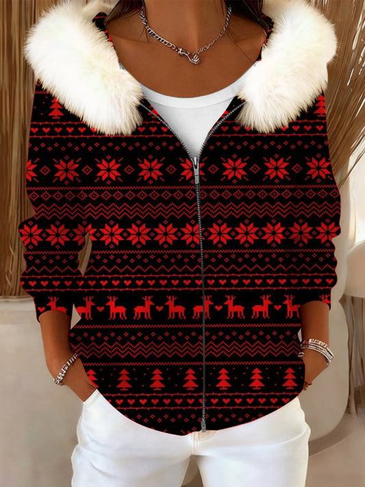 Femmes Chirstmas Élégant Rouge Flocon De Neige Renne Col De Fourrure Manteau