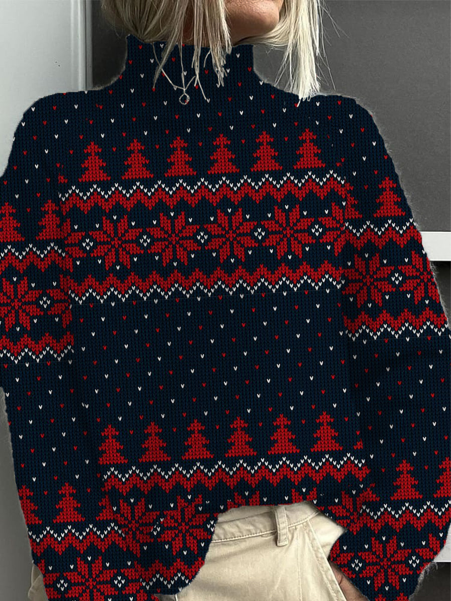 Pull Femme Bleu Marine Classique Arbre De Noël À Col Montant