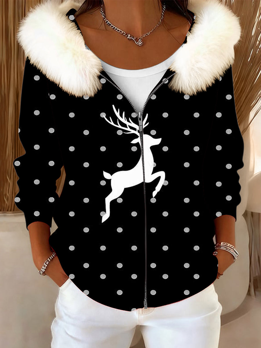 Veste à col en fourrure à imprimé renne à pois noir pour femme