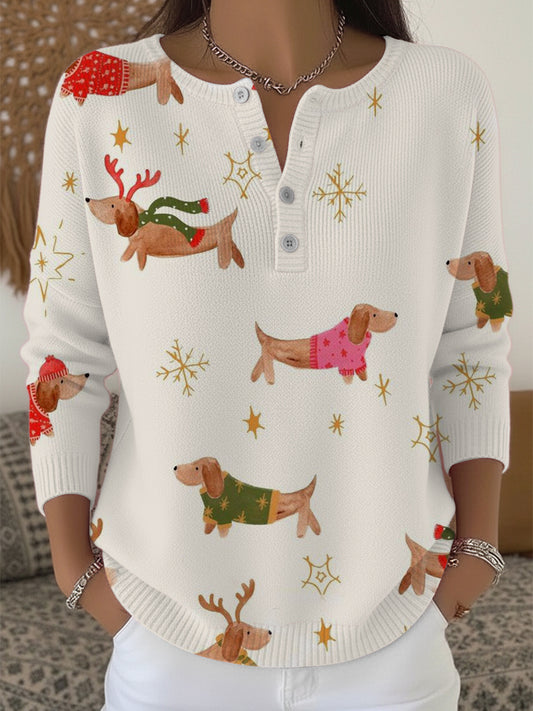 Pull Henley Festive Teckel Imprimé Noël Femme