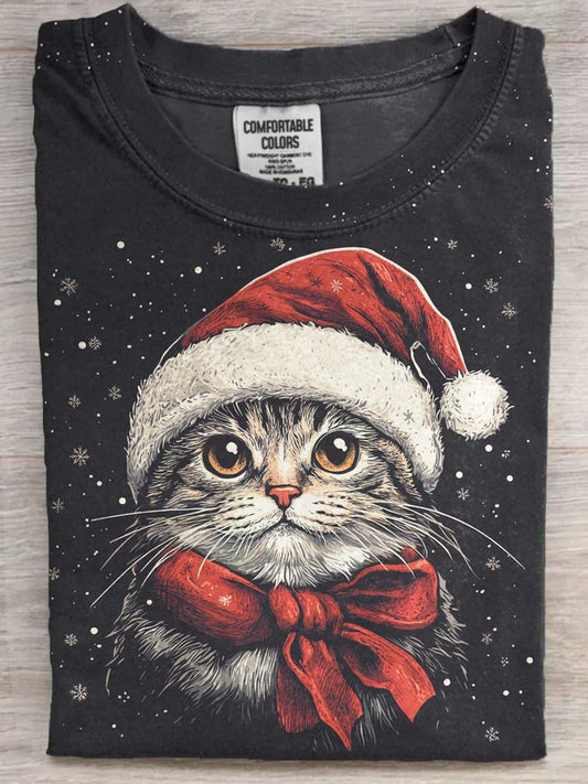 T-shirt Décontracté Chat de Noël Imprimé à Manches Courtes