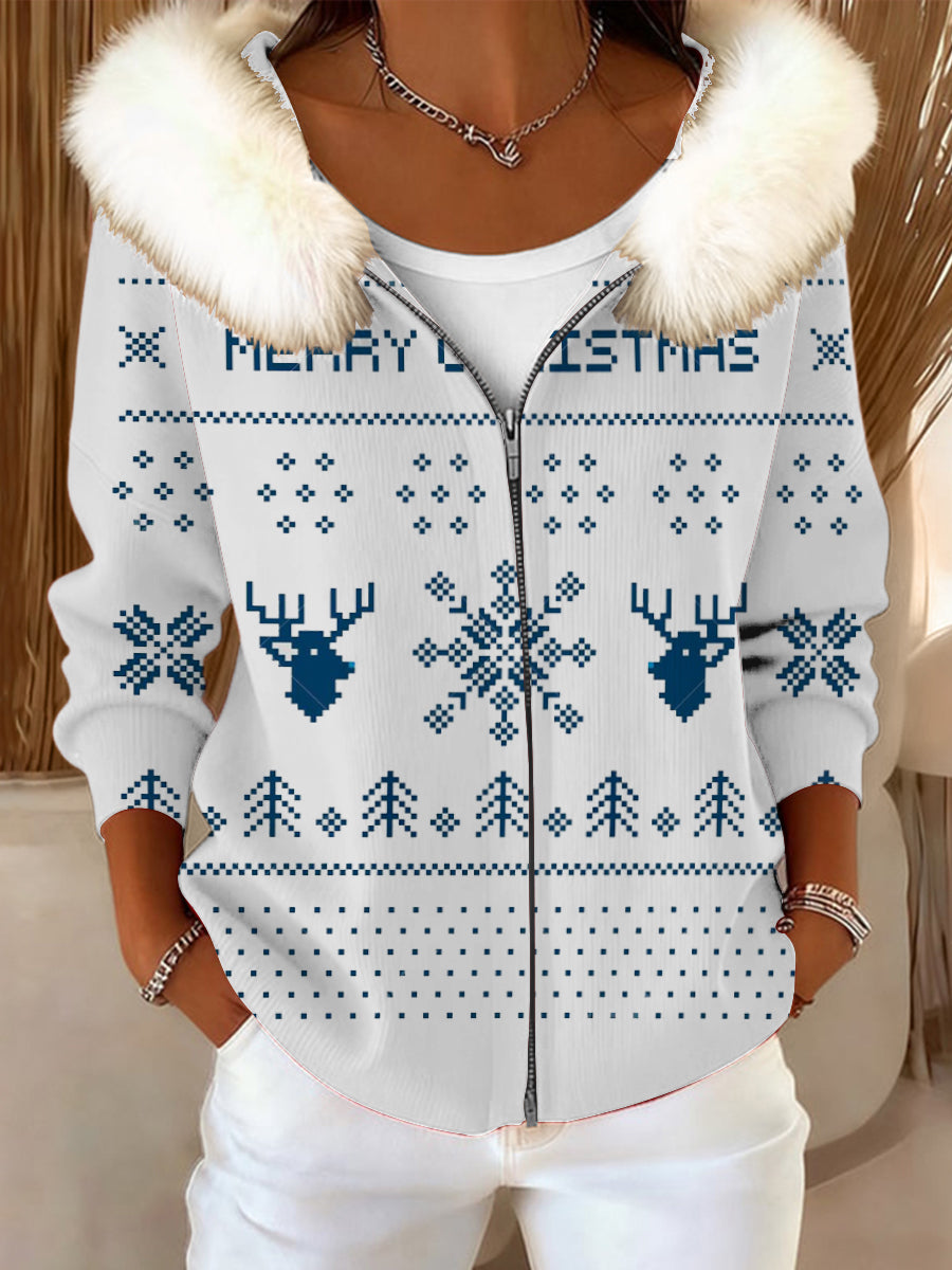 Veste Femme Festive "Merry Christmas" Col En Fourrure