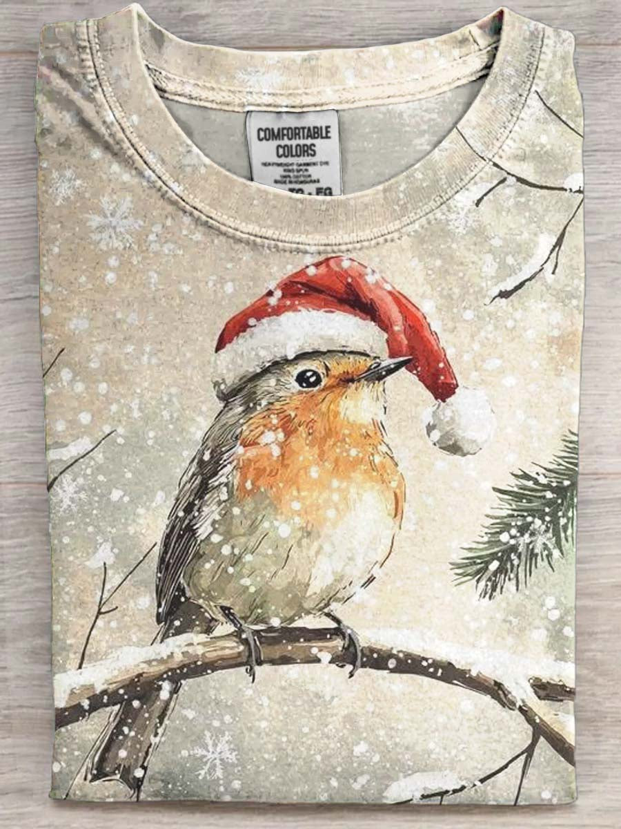 T-shirt décontracté à manches courtes imprimé oiseau de Noël