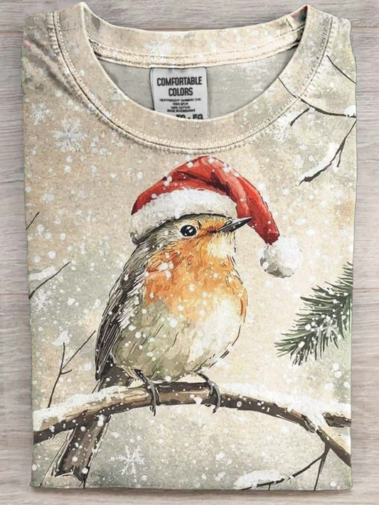 T-shirt décontracté à manches courtes imprimé oiseau de Noël