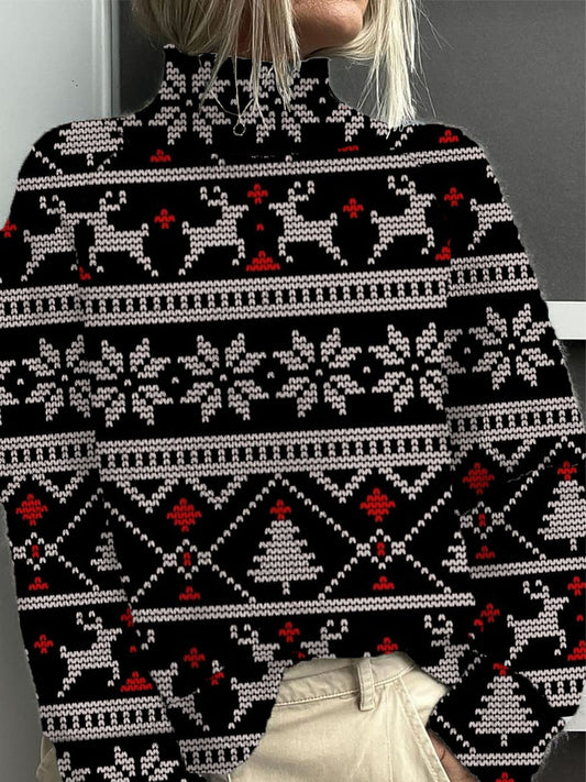 Pull Femme Noir Bold Reindeer Christmas Mock Neck