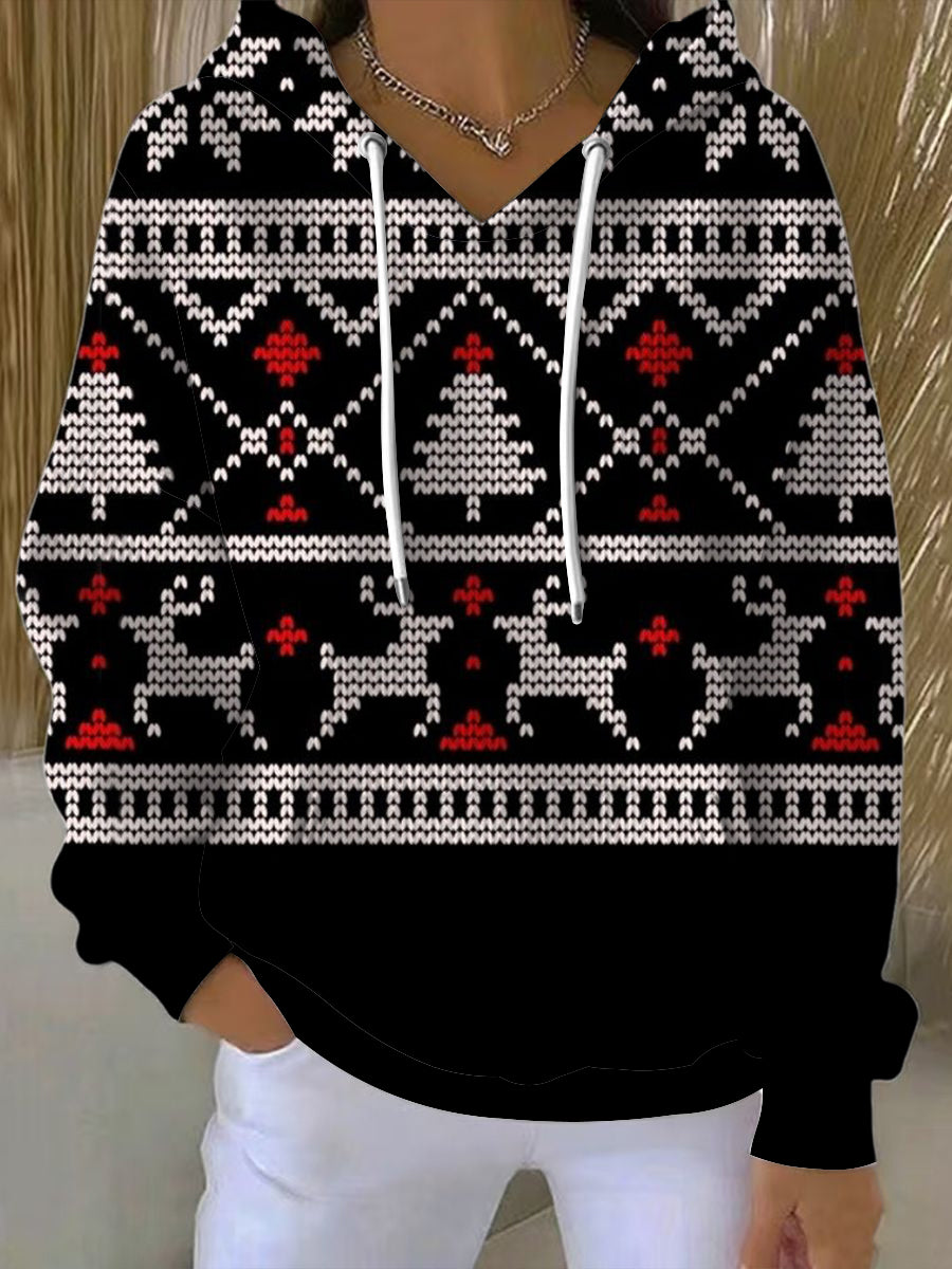 Chandail à capuchon classique noir Reindeer Tree Fair Isle pour femme