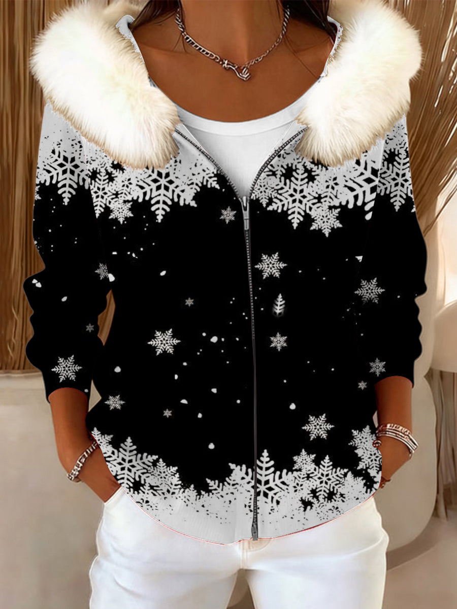 Veste Femme Noire Imprimé Flocon De Neige À Col Fourrure