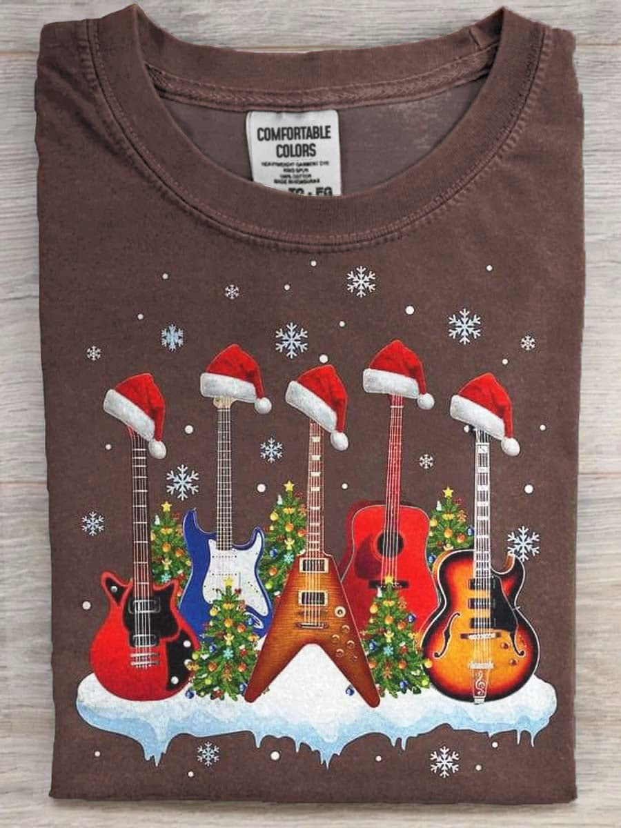 T-shirt décontracté à manches courtes imprimé guitare de Noël