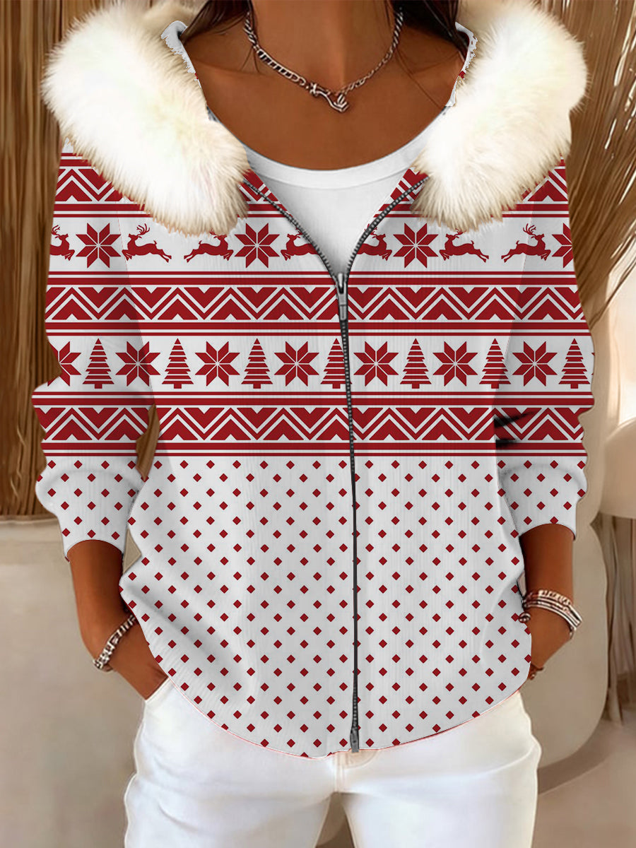 Veste Femme Rouge Motif De Noël Imprimé Col En Fourrure