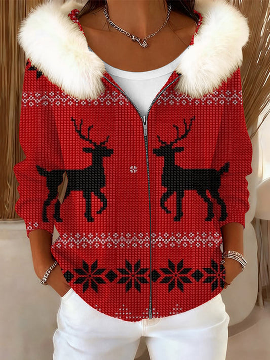 Chirstmas Bold Reindeer Print Manteau à col en fourrure pour femmes
