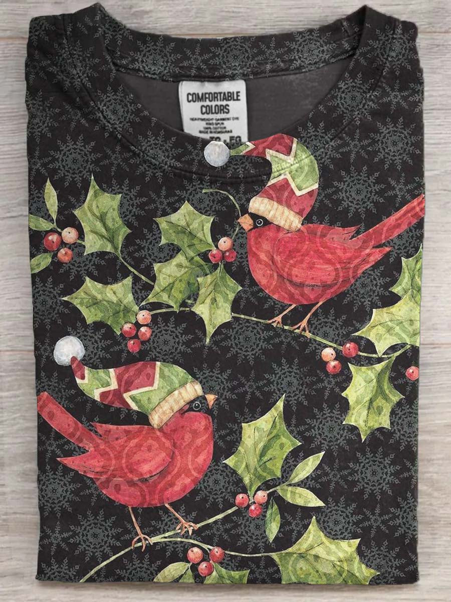 T-shirt Décontracté à Manches Courtes à Imprimé Oiseau Rouge de Noël