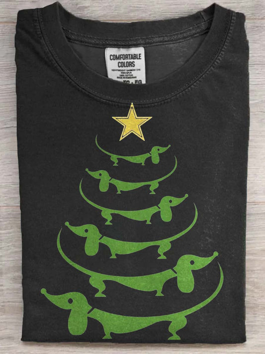 T-shirt à manches courtes décontracté imprimé arbre de Noël teckel