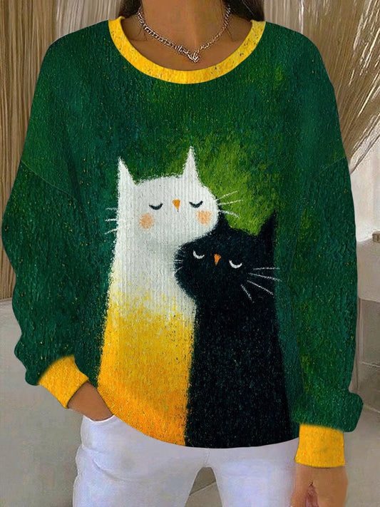 Sweat-shirt Femme Chat Mignon Côtelé Col Rond