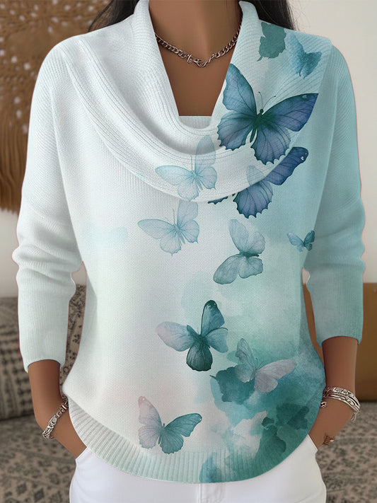 Lovely Blue Butterfly Print Cowl Neck Pull Femme