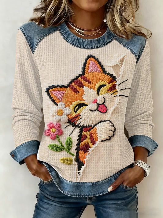 Mignon Chat Imprimé Denim Patchwork Waffle Top des femmes