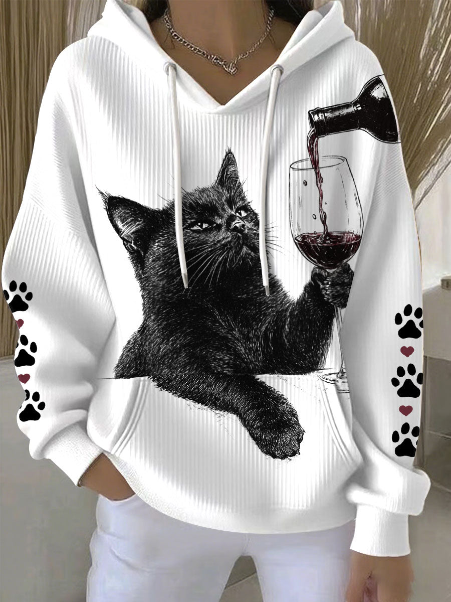 Hoodies femme chat noir imprimé vin rouge