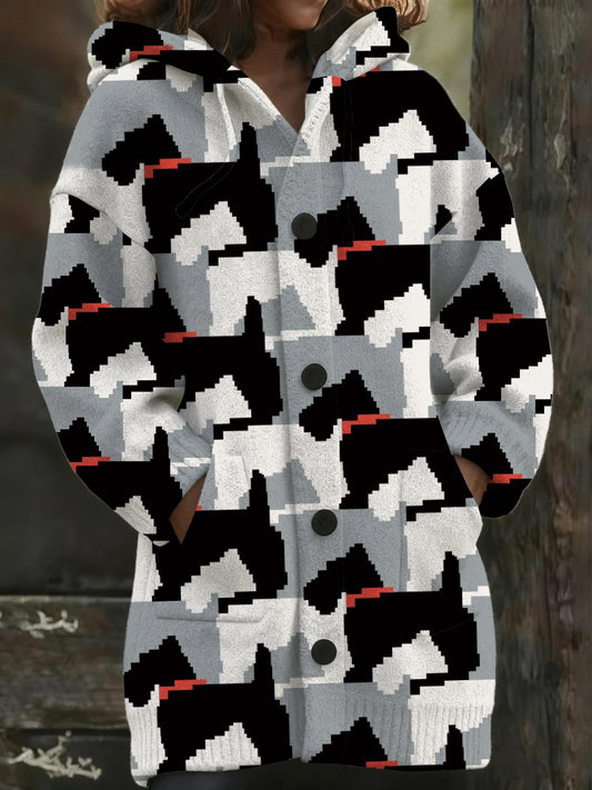 Manteau long à capuche imprimé chien géométrique élégant pour femmes