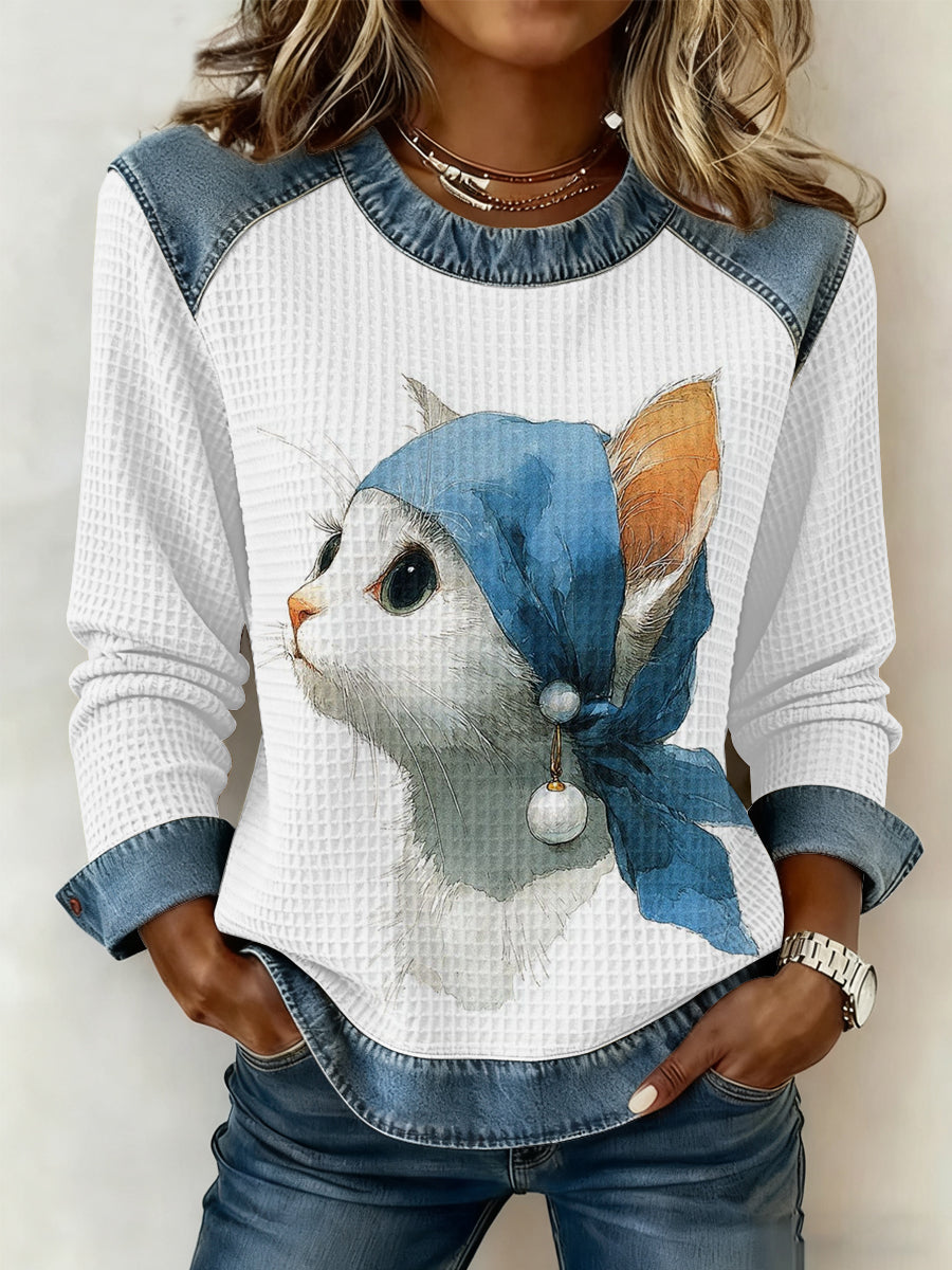 Mignon Chat Imprimé Denim Patchwork Waffle Top des femmes