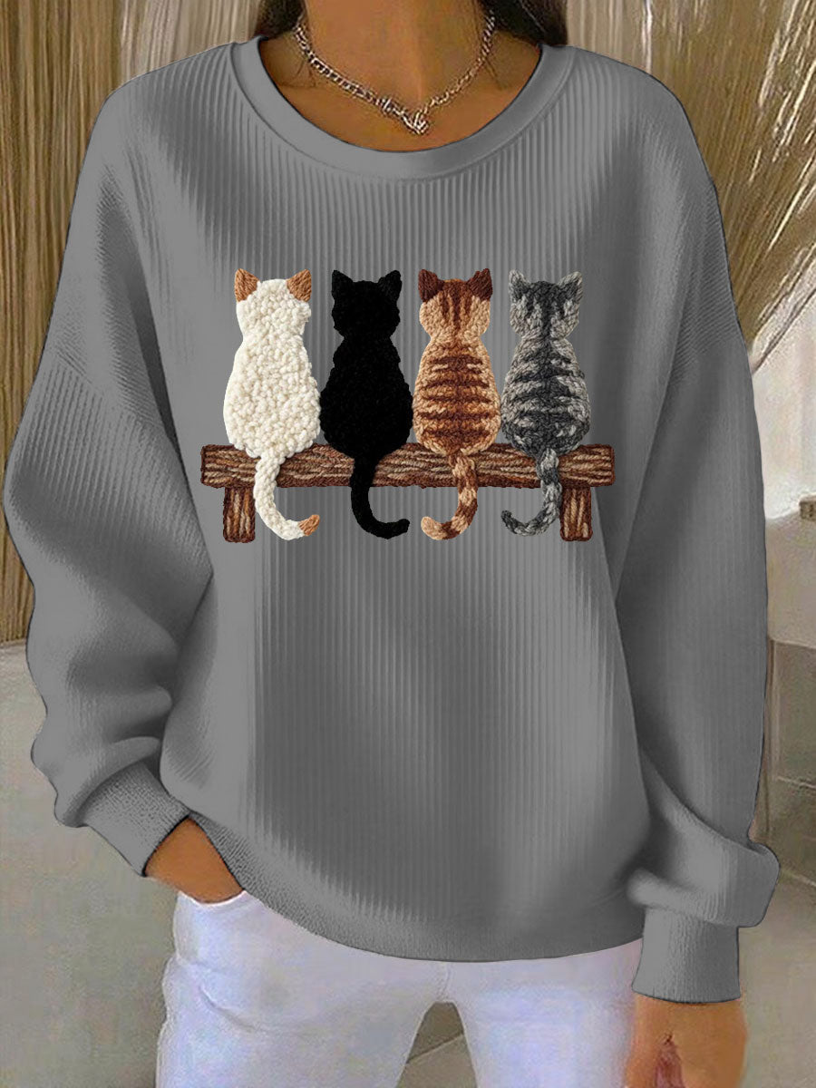 Sweat-shirt Femme Quatre adorables chat silhouette imprimé côtelé Col Rond