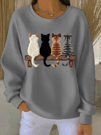 Sweat-shirt Femme Quatre adorables chat silhouette imprimé côtelé Col Rond