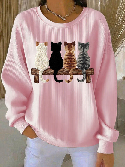 Sweat-shirt Femme Quatre adorables chat silhouette imprimé côtelé Col Rond