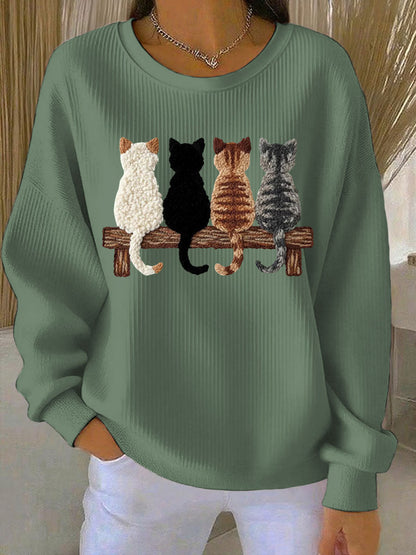 Sweat-shirt Femme Quatre adorables chat silhouette imprimé côtelé Col Rond