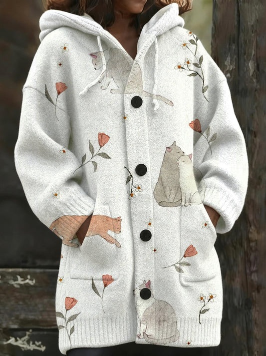 Manteau long à capuche à imprimé floral et chat romantique pour femmes