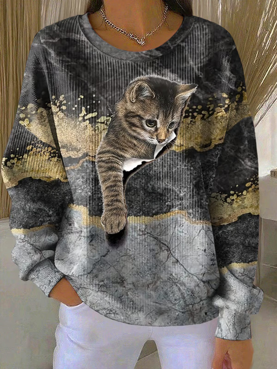 Sweat-shirt Femme Imprimé Chat Côtelé à Col Rond